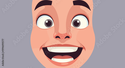 Extreme close-up of a smiling male face with wide eyes and a joyful expression expressing intense shock or surprise in cartoon style.