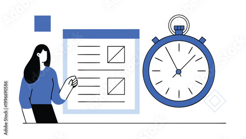 Professional Woman Managing Time and Deadlines with Large Stopwatch and Clipboard abstract concept vector illustrations, black and blue vector art