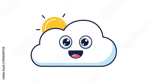 Cute cartoon cloud character with a happy face and big eyes partially covering a bright yellow sun on a white background.