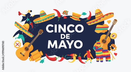 Colorful Cinco de Mayo celebration banner with traditional Mexican icons like sombreros, guitars, peppers, and a pinata.