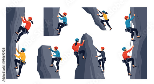Set of diverse men and women rock climbers in different poses and scaling various rock faces with safety equipment.