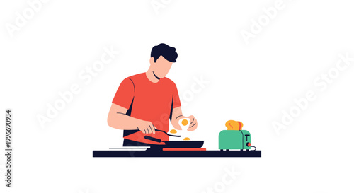Man in a red t-shirt cooking eggs in a pan on a stove with a toaster in the background for a morning routine scene.