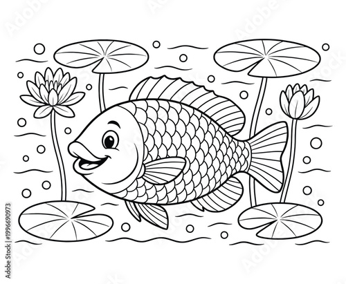 Smiling fish swimming among water lilies and lotus flowers coloring page for school children.
