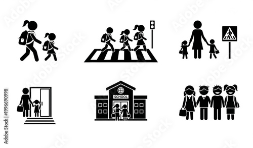 Children going to school pictogram icon set with kids walking crossing road and parent guidance symbols isolated on white