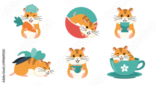 Collection of cute hamster characters are shown in various poses including eating a carrot, drinking from a cup, and hiding in a mug.