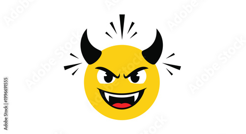 Fierce yellow devil emoji features black horns, sharp fangs, and a wicked expression with angry eyes and exclamation marks.