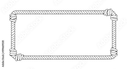 Rectangular frame crafted from thick twisted nautical rope with knots in the corners is isolated on a plain white background.