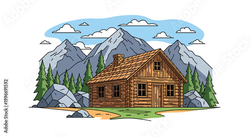 Cozy log cabin sits at the foot of tall mountains and pine trees with rocks in the foreground under a clear blue sky.