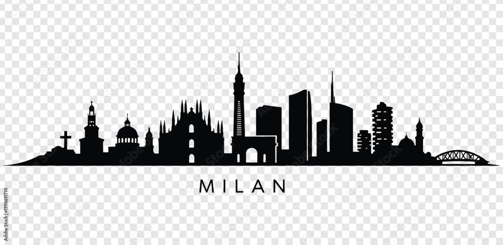 Fototapeta premium Black silhouette of milan city skyline with famous landmarks