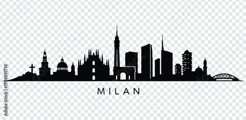 Black silhouette of milan city skyline with famous landmarks