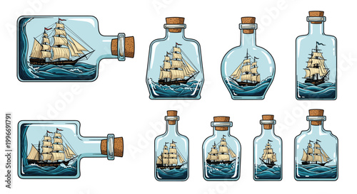 Collection of intricate sailing ship models are displayed inside various shaped glass bottles with corks for a nautical theme.