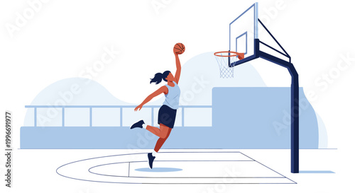 Dynamic illustration of a female athlete jumping high to score a basket during a game against a simple blue court background in flat style.