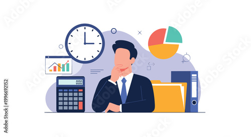 Pensive businessman sitting at a desk surrounded by icons for time, statistics, and folders representing office management and strategy.