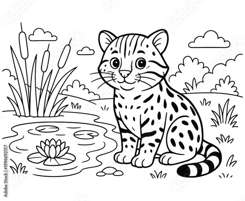 Canvas-taulu Cute cartoon ocelot kitten sits by a pond with lily pads, cattails, and clouds