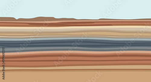 Abstract landscape featuring horizontal bands of earthy tones representing layers of soil, water, and sky in a minimalist geological art.
