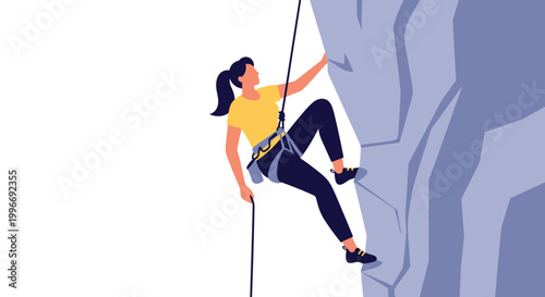 Determined female athlete climbing a steep gray rock wall using a rope and harness in a dynamic outdoor sports adventure illustration on white.
