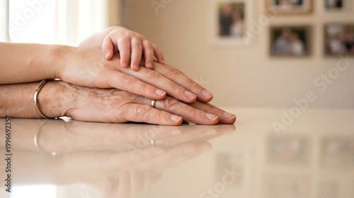 Mother’s Day Family Love Concept with Three Generations Hands, Baby, Mother and Grandmother, Warm Light Reflection Background