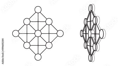 Abstract geometric network structure with interconnected nodes and edges, presented in both flat 2D and dynamic 3D perspective views, illustrating complex data connections and technological concepts.