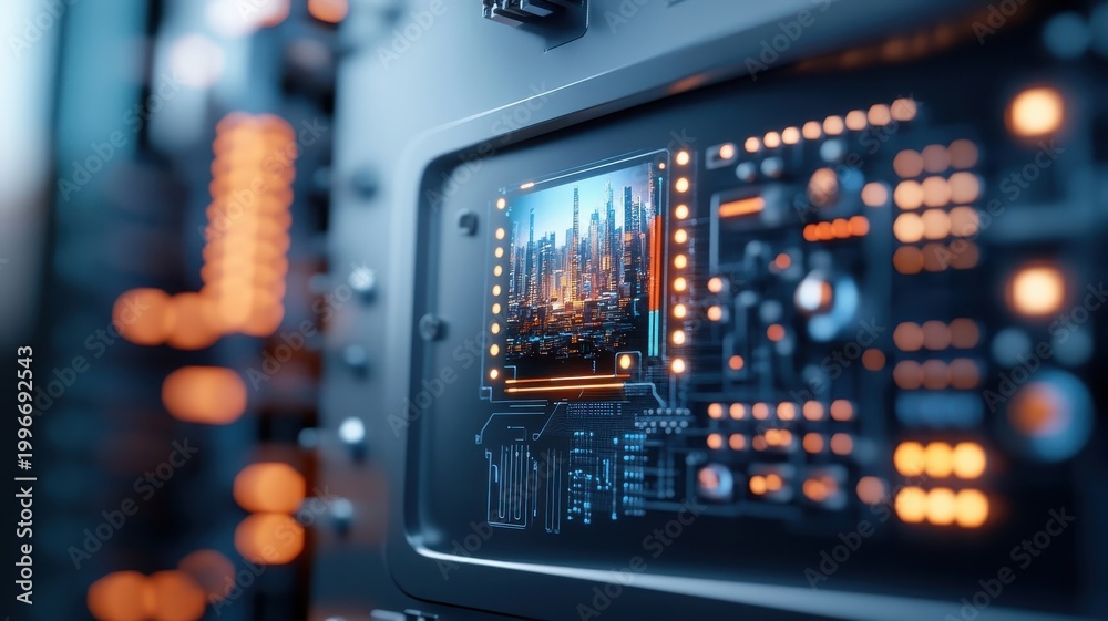 Naklejka premium Futuristic wall panel with integrated circuit boards and holographic display.