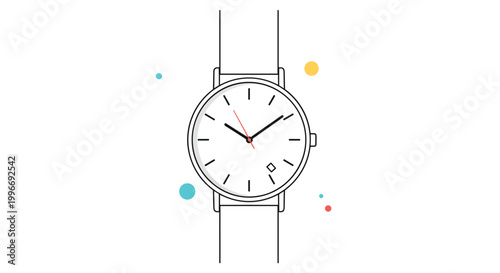 Simple modern wristwatch with a white face and black hands shown from above with colorful abstract dots around it for a clean design.