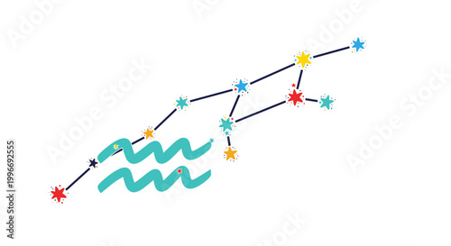 Artistic depiction of the Aquarius zodiac constellation with colorful stars connected by lines and two wavy blue water lines on white.