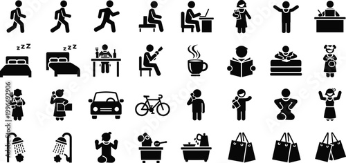 Daily lifestyle silhouette icon set with routine activities shopping and leisure symbols