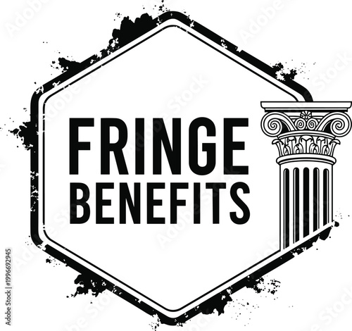 Fringe benefits concept badge design with hexagon frame and classical column vector illustration