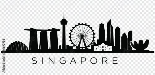 Singapore city skyline silhouette with famous landmarks and ferris wheel