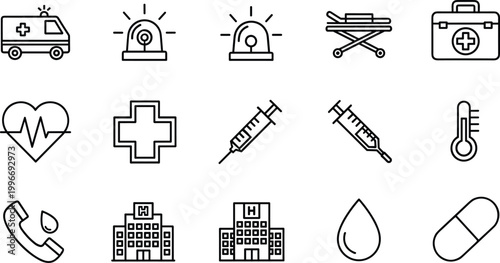 Medical emergency line icon set with ambulance hospital and healthcare symbols vector illustration