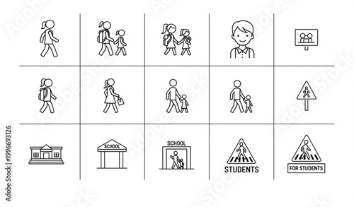 Minimal children going to school icon set with student and parent pictograms clean line vector isolated on white
