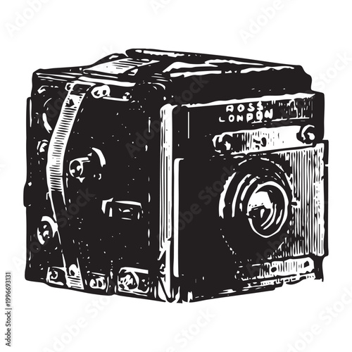 Vintage black and white illustration of an old camera