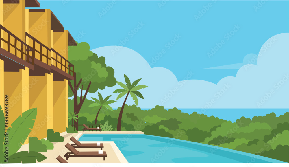 Obraz premium Jungle Terrace Bali Resort Flat Design Illustration