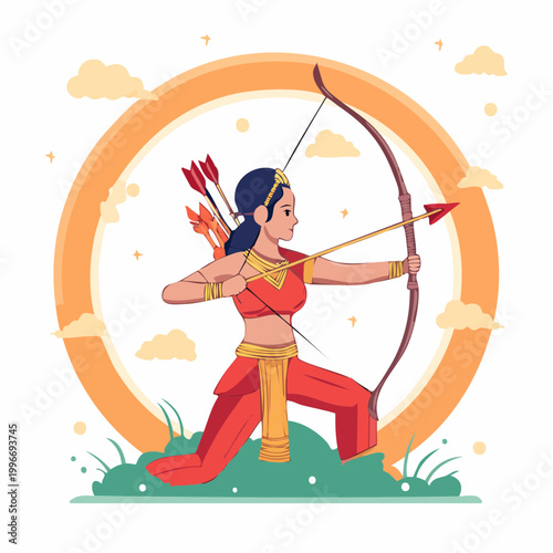 Woman Archer Aiming Bow and Arrow