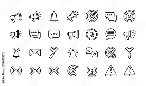 Communication icons set black and white vector megaphone bell speech bubble notification symbols
