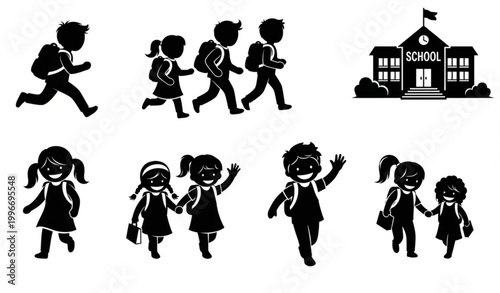 Children going to school silhouette pictogram set with kids walking running and parent interaction icons isolated on white background