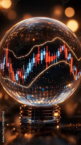 Global investment business financial market forecast chart stock candlestick crystal ball with glowing stock market analysis bokeh light concept, symbol for global financial investment market chart