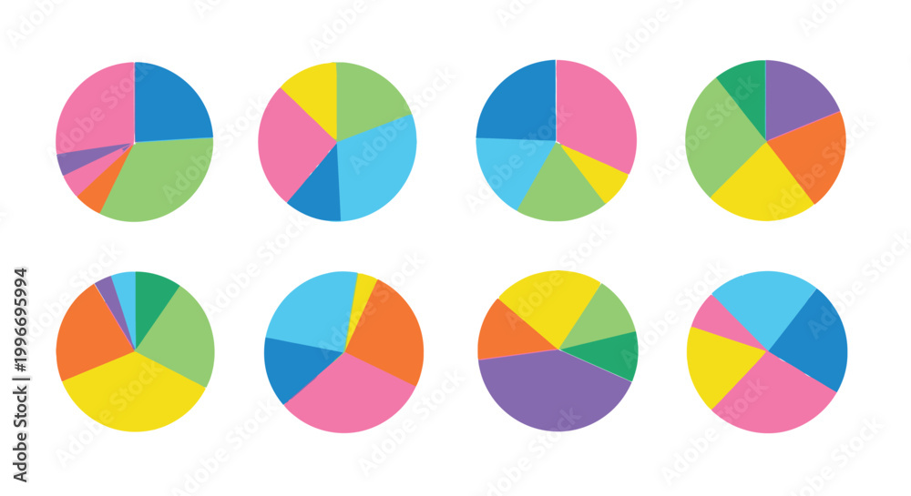 Fototapeta premium A collection of colorful vector pie chart illustrations displaying diverse data segments and proportions