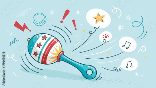 Illustration of a colorful baby rattle with musical notes, stars, and abstract shapes on a light blue background