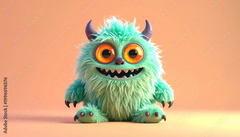 Fototapeta premium Cute Cartoon Monster with Horns and Fur.