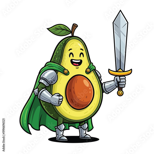 Cartoon Avocado Knight, Armored Fruit, Green Cape, Sword, Vector Character