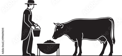 Fotografie Man feeding a cow from a bucket