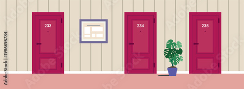 Apartment building corridor with three doors, with framed notice board. Modern residential hallway interior in pastel colors. Flat vector illustration
