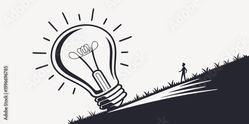 Bild auf Leinwand Illustration of a person walking toward a glowing light bulb on a hill with ligh