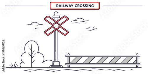 Schilderij op canvas Railway crossing signal sign with gate barrier and landscape scenery level cross