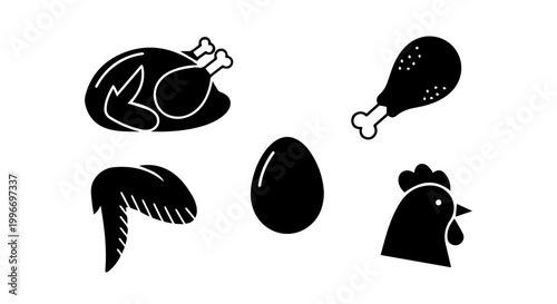 Chicken and Egg Poultry Meat Glyph Icons Set