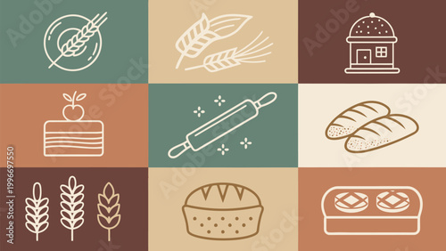 Set of bakery icons, including wheat, rolling pin, bread, cake, and pastry, flat line style vector illustration on colorful background
