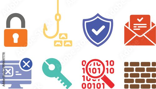 Cybersecurity icons representing digital protection concepts like locks phishing and firewalls icon set vector design