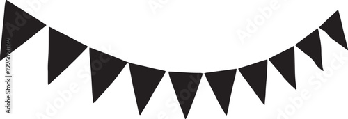 A minimalist black silhouette of a hanging triangular bunting flag garland for party, celebration, and festive event decorations.