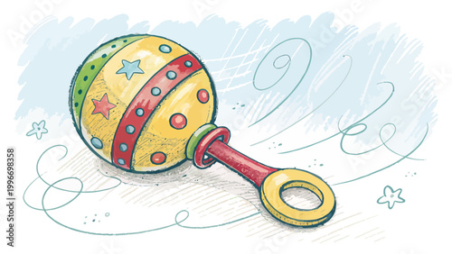 Handdrawn colorful baby rattle illustration with stars and swirls on a light blue background