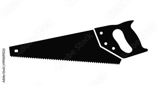 A stark black silhouette of a traditional hand saw sharply defined silhouette
